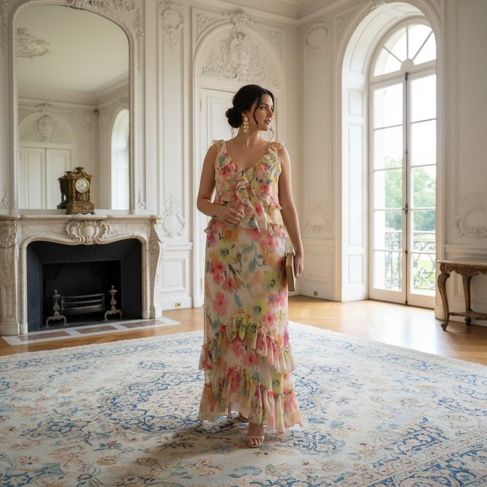 Adrianna Papell Floral Ruffle Maxi Dress Size 14W NWT